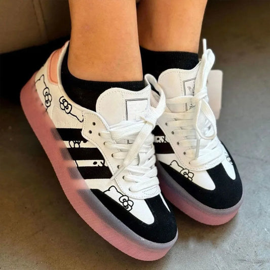 Hello Kitty Sneakers with Prints Fashionable Color Blocking Stripes Casual Shoes Anime Students Anti Slip Couple Shoes