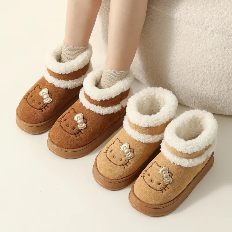 Hello Kitty Snow Boots Winter Girl Plush Snow Booties Keep Warm Slippers Shoes Non-Slip Sneaker Outdoor Warmth Snow Boot