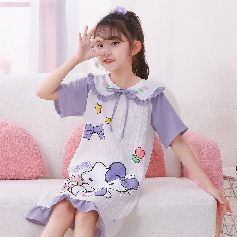 Girl's Summer Pajamas Hello Kitty Kuromi Children's Dress Pochacco Anime Cartoon House Clothing Short Sleeved Cute Skirt