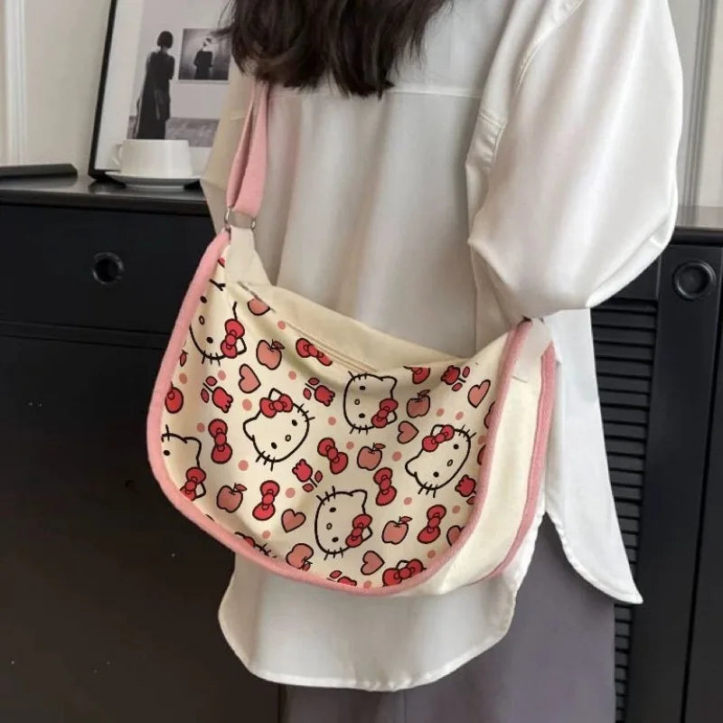 Hello Kitty Anime Kawaii MINISO Ins Fashion Canvas Bag Cute Cartoon Large Capacity Shoulder All Match Student Bag Gifts Toys