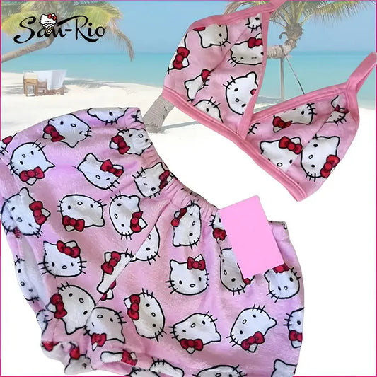 2Pcs Hello Kitty Pajamas Pants Sanrio Women Home Shorts Set Girl's Sexy Plush Pajamas Kawaii Summer 2024 Women's Clothing