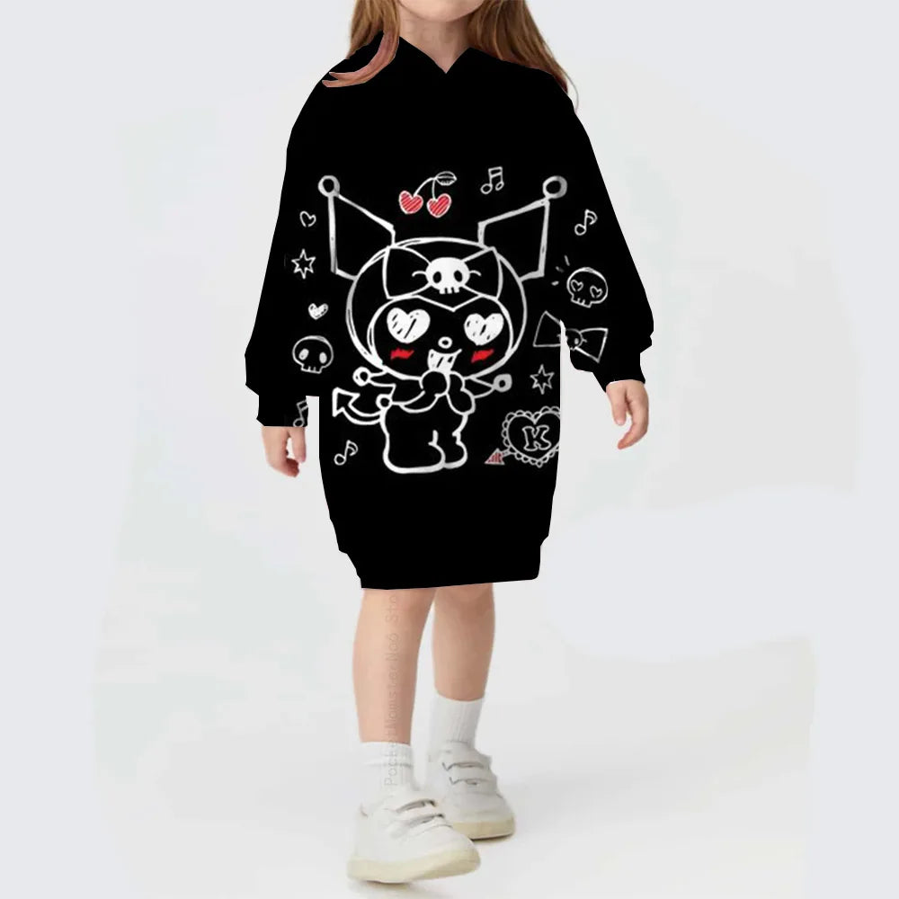 Autumn/winter Children's Hello Kitty Kuromi print Sweater Clothes Suit Hooded Solid Color Fashion Sweater Dress Comfortable