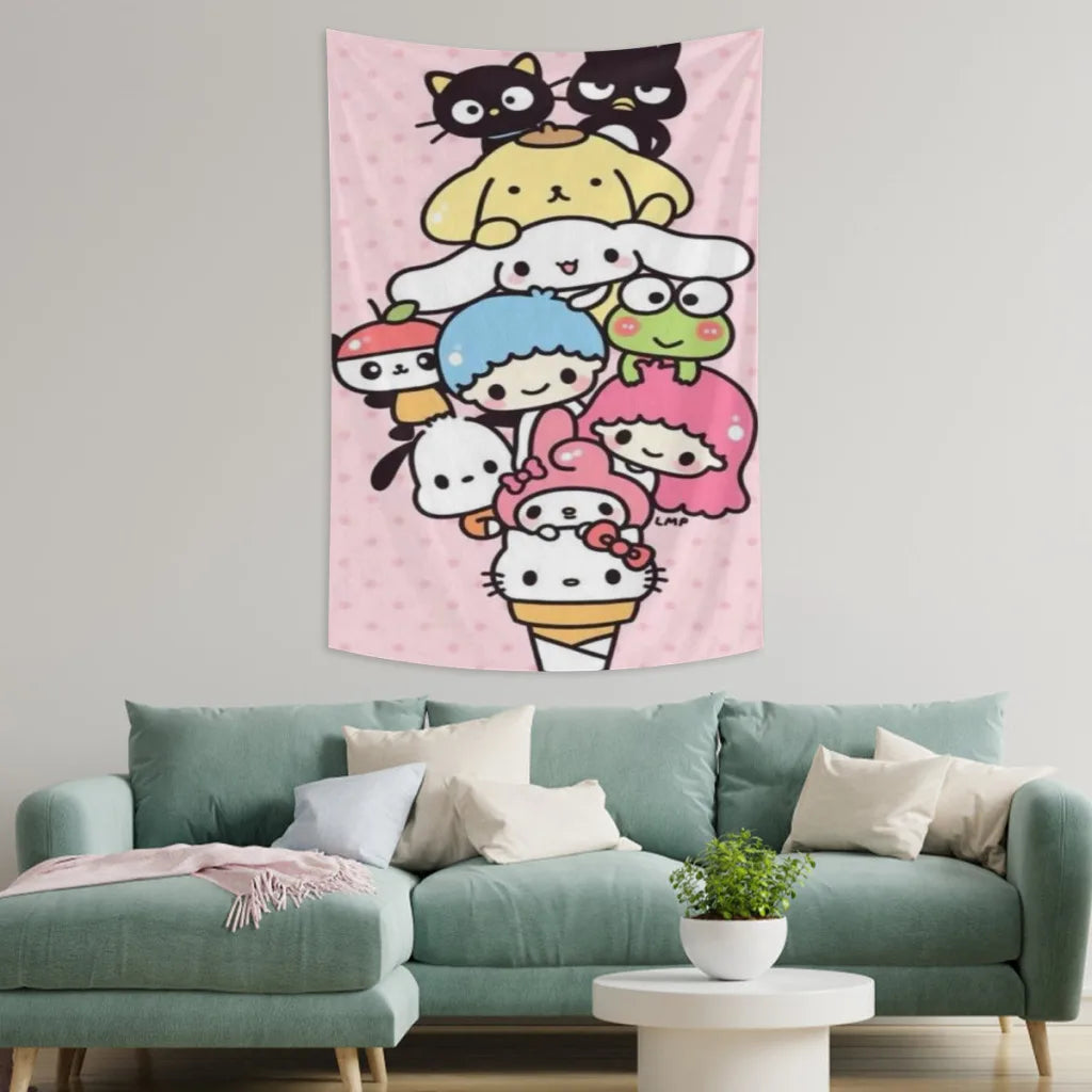 Cute Anime Sanrio Hello Kitty Kawaii Tapestries Room Decoration Items Home Décor Bedroom Wall Decorating Cloth