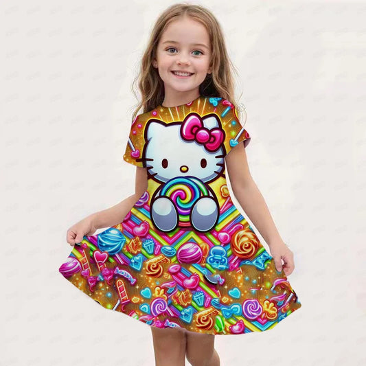 New Summer Girls Dress Fashion Cartoon Cute Cinnamoroll &Hello Kitty 3D Printing Dress Kid Short Sleeve Princess Clothing