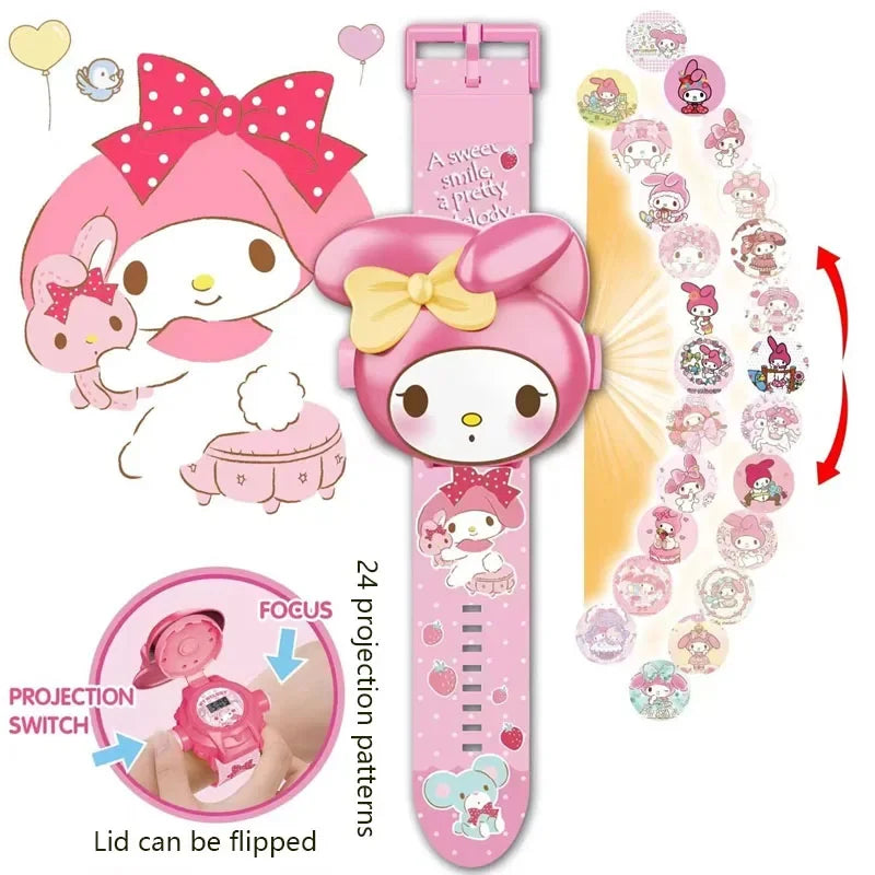 Hello Kitty Toys Set 24 Style 3D Projection Digital Watch Cinnamoroll Kuromi Melody Anime Action Figure Model Toy For Kid