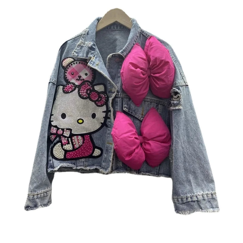 Hello Kitty Cartoon Denim Jacket Women Spring Autumn Sanrio Anime 2025 New Fashionable Coat