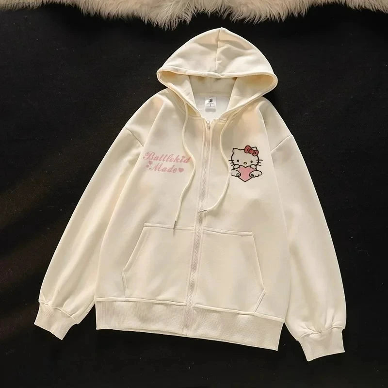 2025 New Hello Kitty Jacket 2000s Zip Hoodie White Sweatshirt Young Women Fall Winter Kawaii Lolita Jacket Student Tops