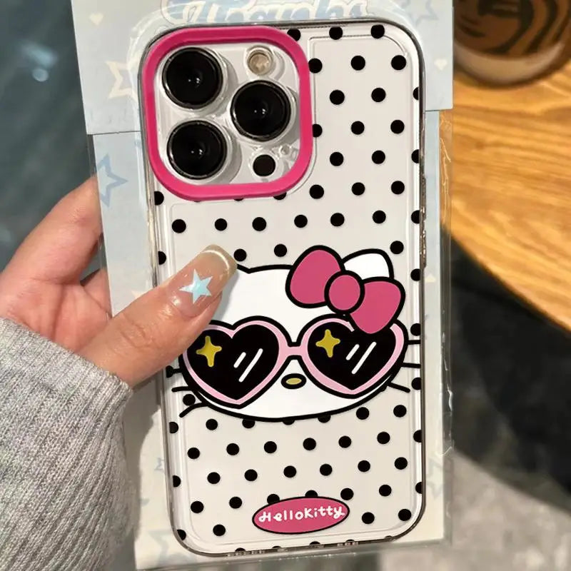 New Hello Kitty Full Screen KT Phone Case For iPhone 16 15 14 13 12 11 ProMax XR XS MAX 7 8Plus Y2K Cool Sunglasses Cover