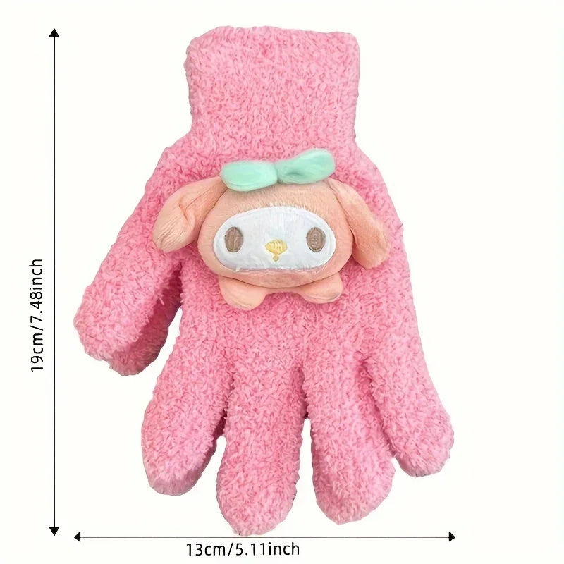 Cute Sanrio Kuromi My Melody Female Preppy Full Finger Cartoon Gloves Gilrs Kids Polyester Coral Fleece Cute Plush Riding Gloves