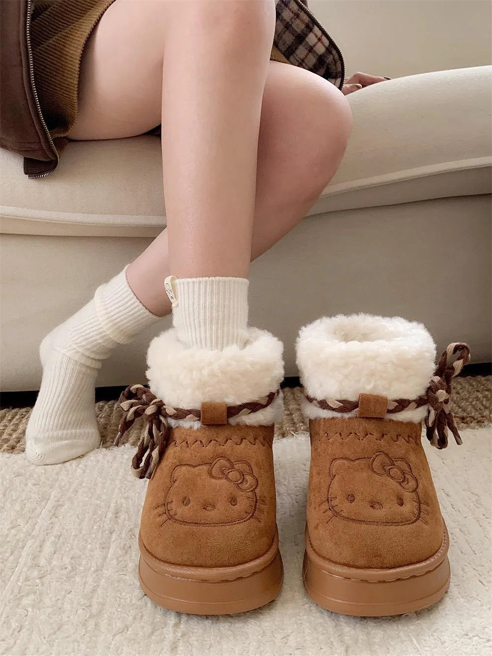 Hello Kitty Snow Winter Girl Plush Snow Booties Keep Warm Slippers Shoes Non-Slip Sneaker Outdoor Warmth Snow Boot