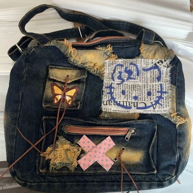 Vintage Hello Kitty Womens Shoulder Bag Patchwork Y2k Denim Fashion Aesthetic Backpacks Large Capacity Casual Messenger Bag