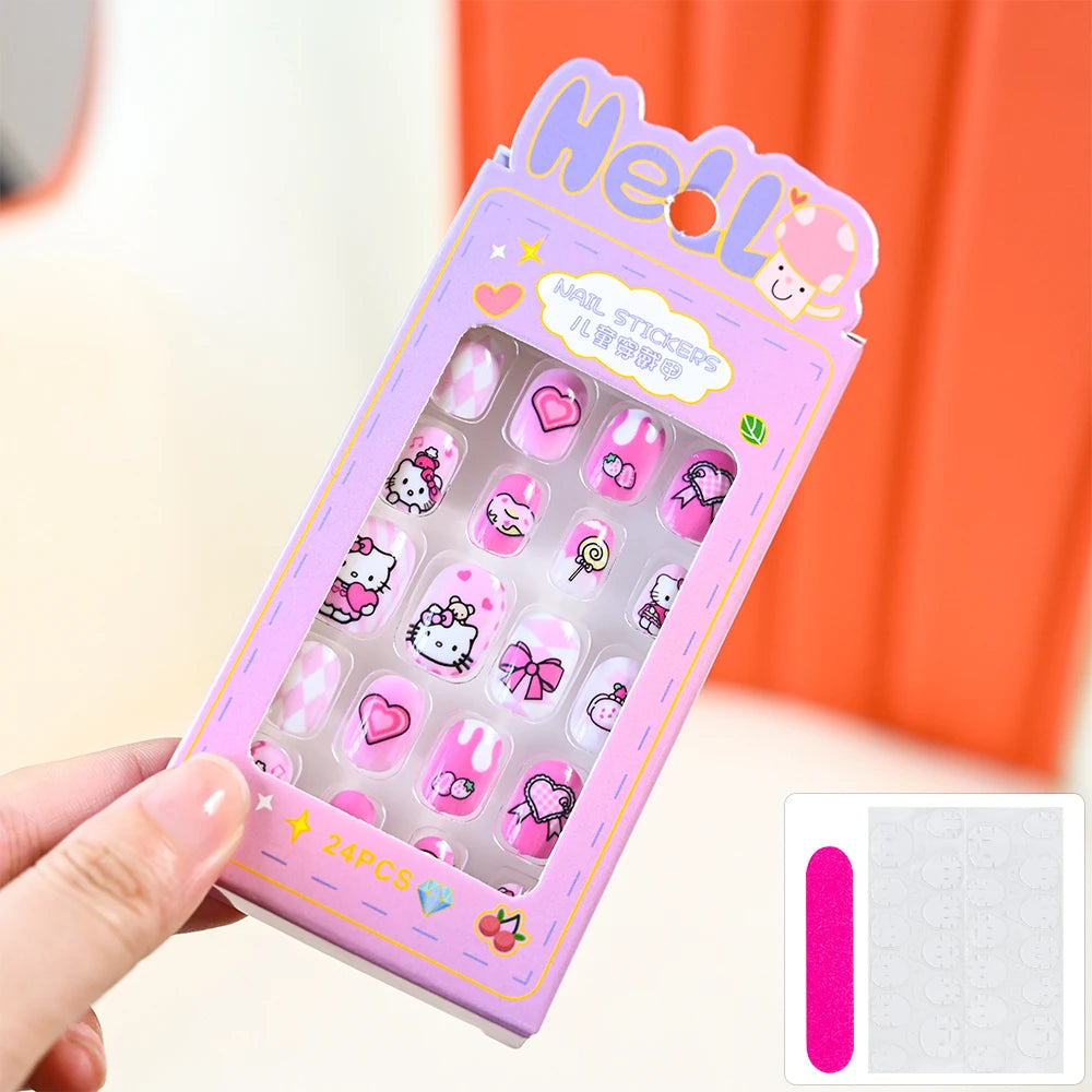 24Pcs Cartoon Hello Kitty Press on Nails Sanrio Series Pink/Blue/Purple Kuromi Kawaii Fake Nail for 6 years+ School Girl