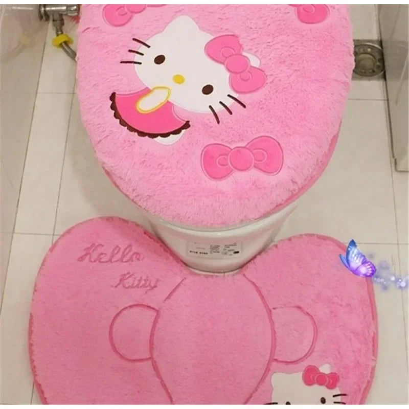 Anime Hello Kitty Toilet Seat Cushion Three Pieces Set Restrooms Universal Winter Household Plush Toilet Seat Cover gift