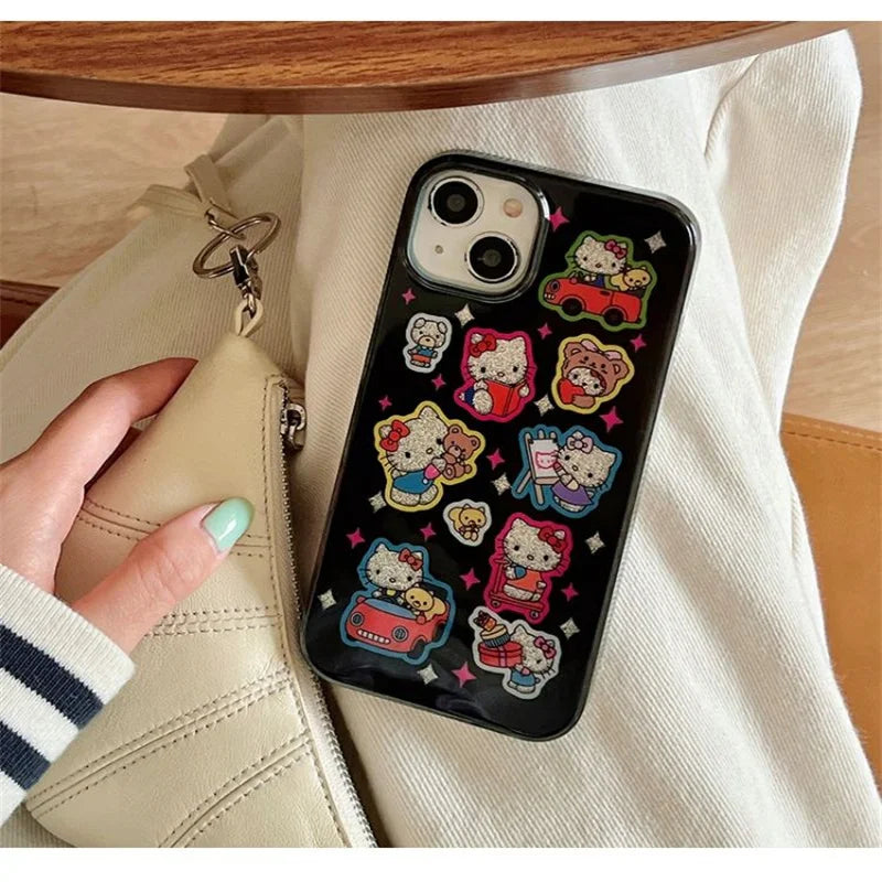 Cute Cartoon Hello Kitty Bling Glitter Phone Case For iPhone 16 15 14 13 12 11 Pro Max XR XS Max 7 8 Plus MINI Y2K Cover