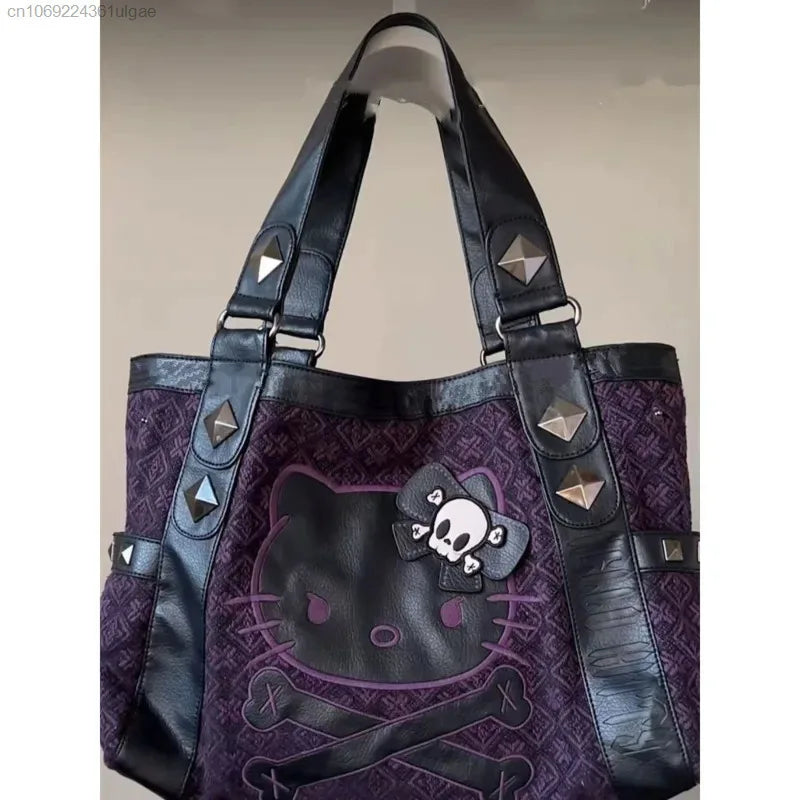 Hello Kitty Vintage Patchwork Purple Armpit Bag Subculture Y2K Sweet Spicy Girl Handbag Gothic Trendy Versatile Tote Bag