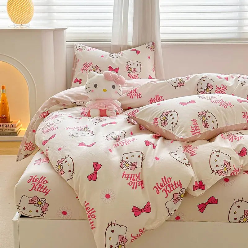 Kuromi Cinnamoroll My melody Hello Kitty Fashion Simple Cartoon Print Pure Cotton Bed Sheets and Quilt Covers Three Piece Set