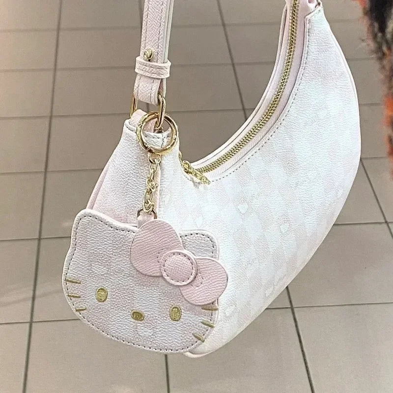 PU Leather Handbags Hello Kitty Purses Luxury Designer Tote Mini Size Underarm Bag Kawaii with Pendant and Zipper