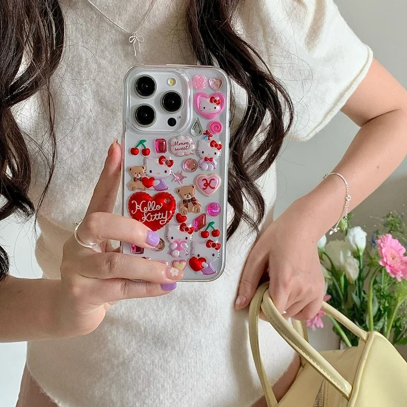 3D Cute Cartoon Y2K Hello Kitty Sticker Bling Glitter Phone Case For iPhone 16 15 14 13 12 11 Pro Max Transparent Cover