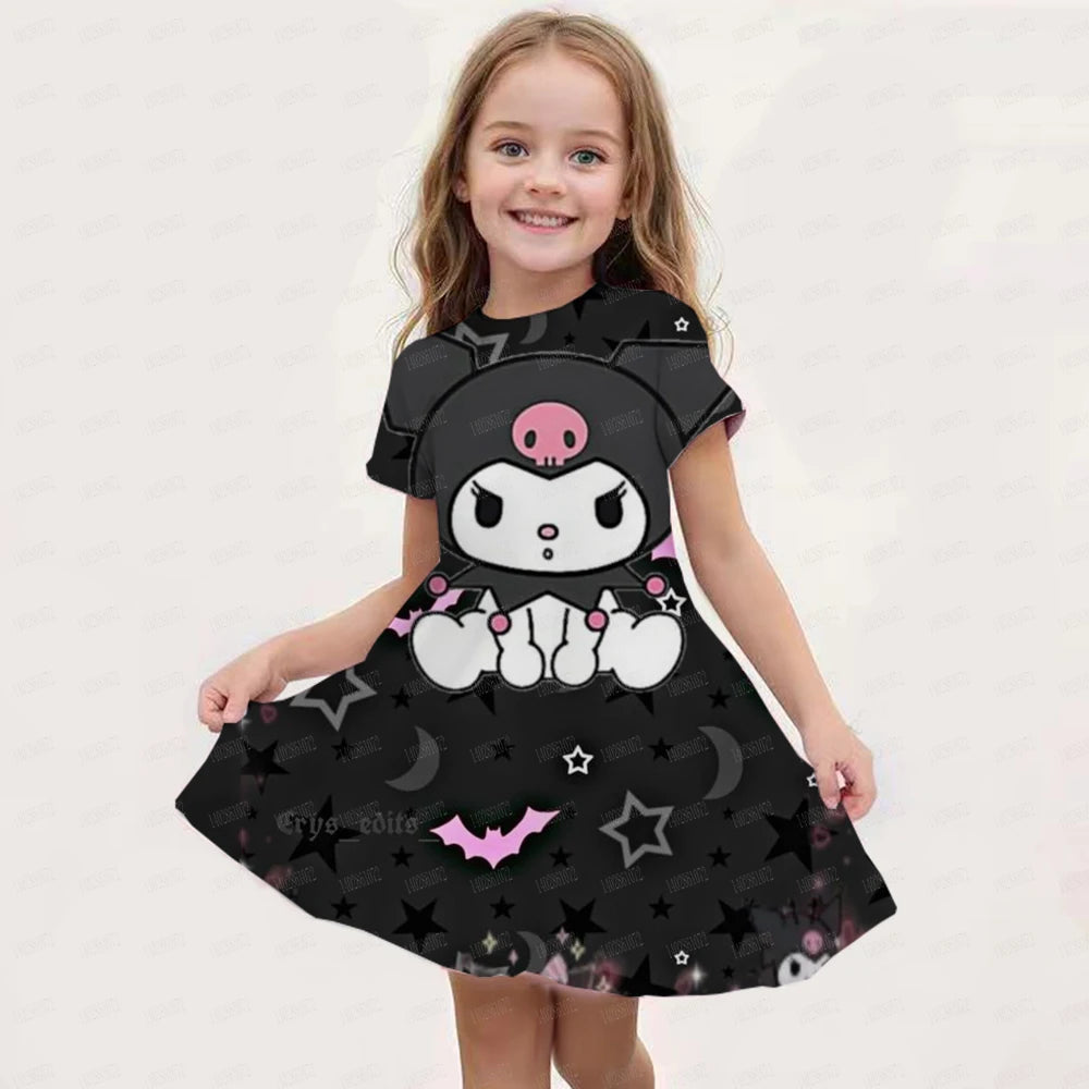 Hello kitty Kuromi Summer Dress Girl Dresses Children Dresses Miniso Cosplay 3d Cartoon Print Cute 2024 Girl Clothing Vestidos