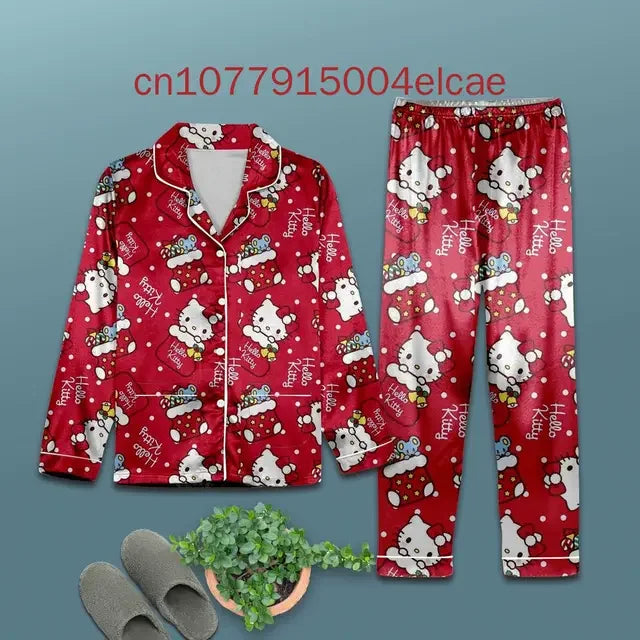 New Hello Kitty Pajama3D Printed Casual Men's and Women's Long Sleeve Shirt Pajama Set