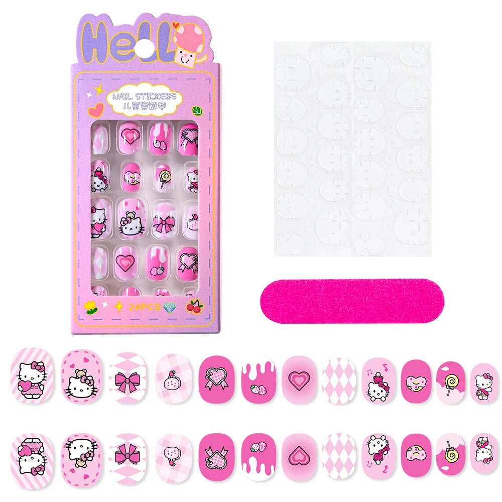 24Pcs Cartoon Hello Kitty Press on Nails Sanrio Series Pink/Blue/Purple Kuromi Kawaii Fake Nail for 6 years+ School Girl