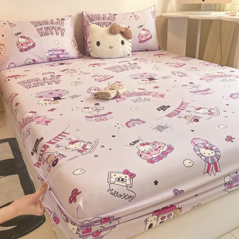 Pure Cotton Fitted Sheet Three-piece Set Hello kitty My Melody Cotton Bedspread Cute Kuromi Full Surround Protective Cover