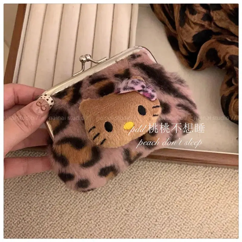 Kawaii Hello Kitty Wallet Cute Plush Leopard Pattern Portable Makeup Storage Bag Cartoon Mini Portable Bluetooth Earphone Bag