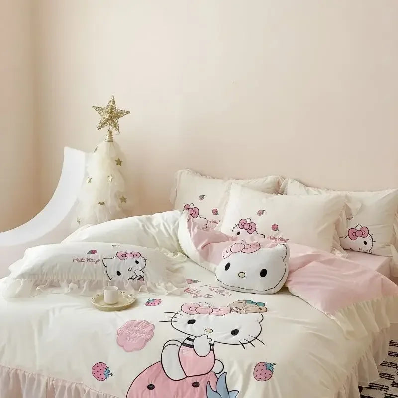 Hello Kitty Anime Kawaii MINISO Cotton Bed Sheet 4-piece Set Kt Cat Cartoon Cute Embroidery Quilt Set Bed Decoration Gifts Toys