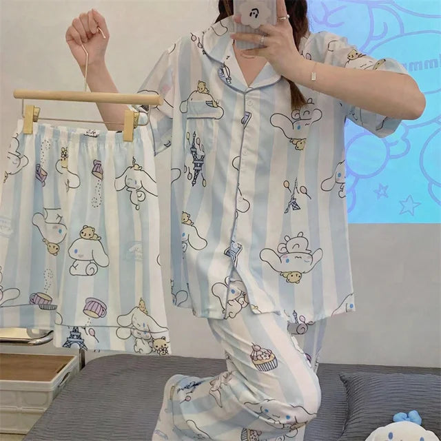 Kawaii Hello Kitty Cosplay Clothes Kuromi Korean Autumn Two Piece Pajamas Soft Home Wear Outgoing Girl