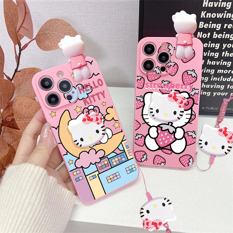 3D Hello Kitty Phone Holder Cartoon Case For iPhone 16 15 14 Plus 13 12 11 Pro Max Mini Toy With Strap Rope Lanyard Cover