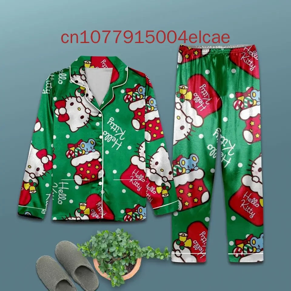 New Hello Kitty Pajama3D Printed Casual Men's and Women's Long Sleeve Shirt Pajama Set