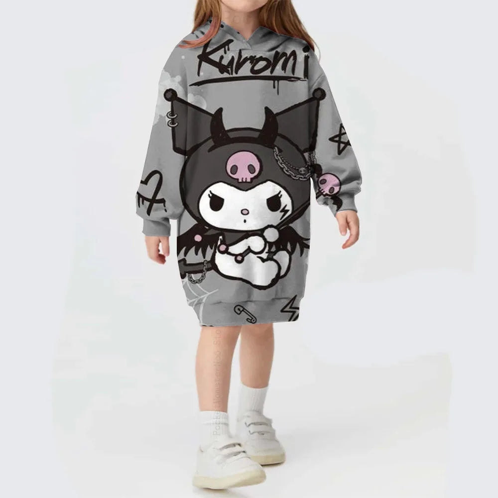 Toddler Kids Hello Kitty Kuromi print Hoodies Dresses for Girls Loose Casual Long Dress Infant Children O Neck Outfits Dress