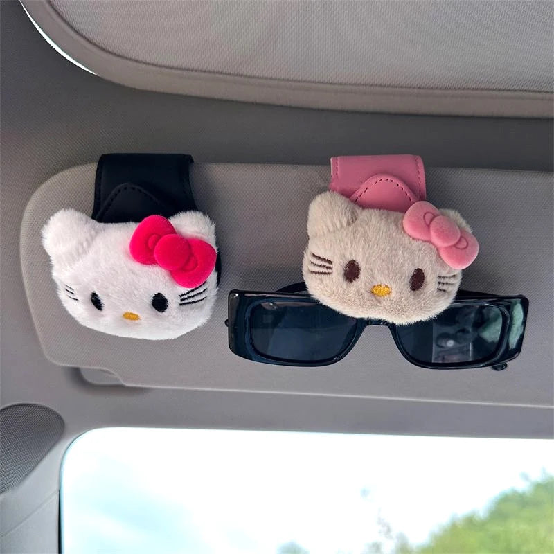 Kawaii Charms Plush Hello Kitty Car Sunglasses Clip Cartoon Creative Pink Eye Clip Storage Birthday Gift Decoration Cute