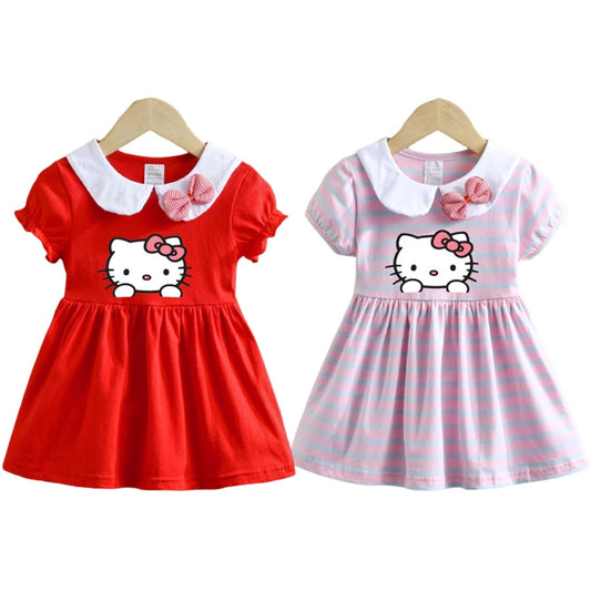 Children Dress Summer Baby Girl Cartoon Hello Kitty Doll Collar Short-Sleeved Striped Princess Dresses Infant Kid Casual Vestido