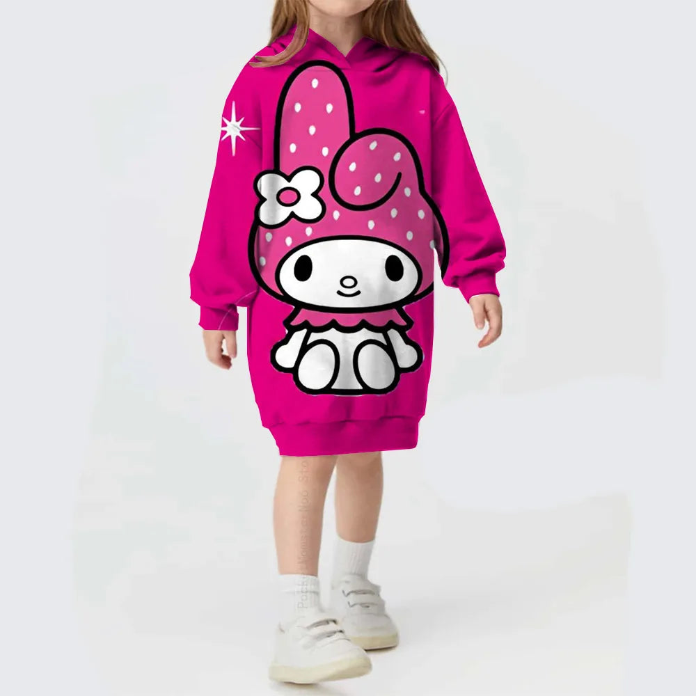 Winter Autumn Kids Girl Dress Hooded Children's Clothing Hello Kitty Kuromi print Loose Dress Long Sleeve Toddler Girl Outerwear