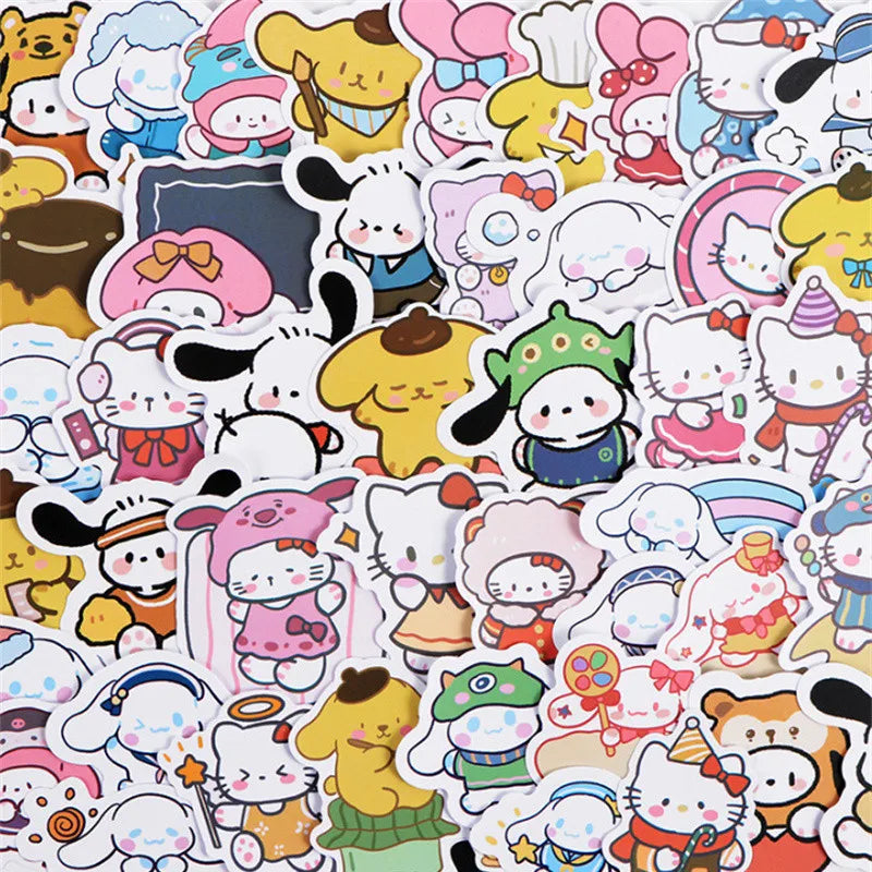 50/100Pcs Sticker Kawaii Hello Kitty Kuromi Melody Cinnamoroll Laptop Skin DIY Diary Stationery Stickers Kids Toys Gifts