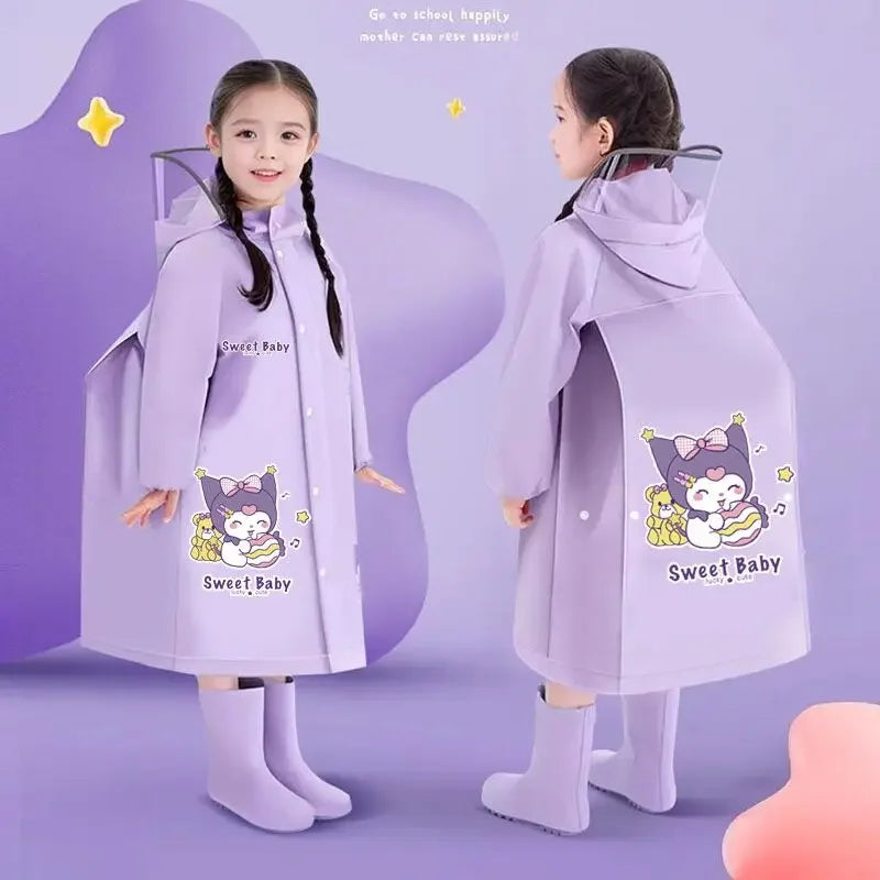 Cartoon kuromi children's raincoat for students going to school with school bag, cute anime raincoat outdoor waterproof