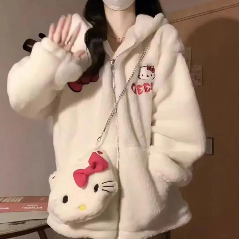 Hot Kawaii Hellokitty Hooded Sweatshirt Girls Autumn Winter Cute Loose Cardigan Thickened Couple Casual Versatile Jacket