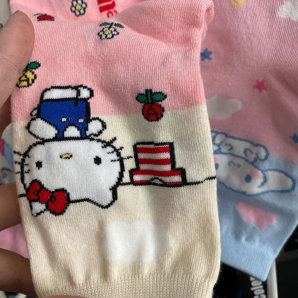 Women Hello Kitty Kuromi MyMelody Cute Cotton Blend Ankle Socks Set Kawaii Soft Autumn Winter Warm Mid-Tube Sock One Size