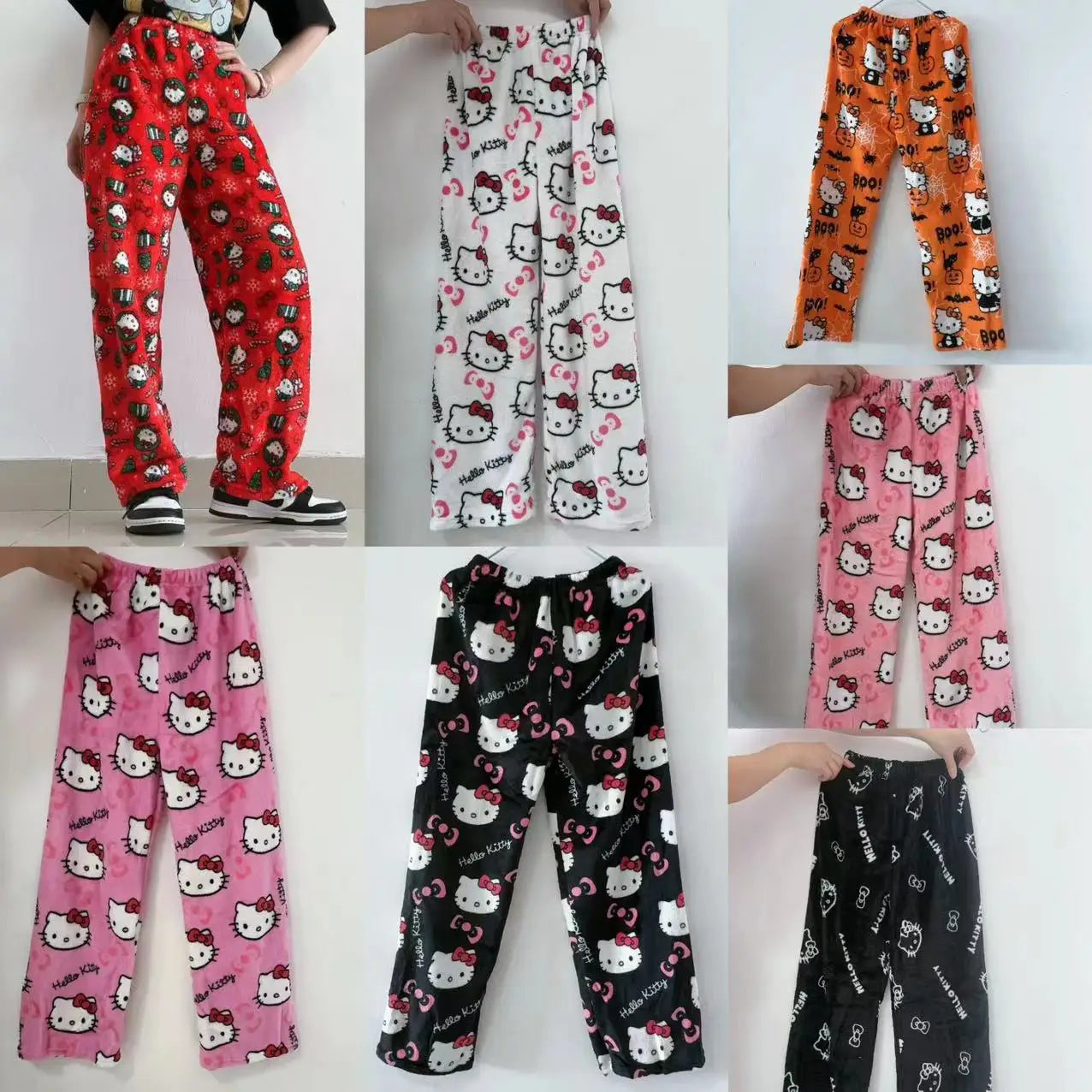 Anime Sanrioed HelloKitty Y2k Sanrioed Pajamas Pants Women Pjs Halloween Household Dress Kawaii Woolen Cartoon Casual Home Pants