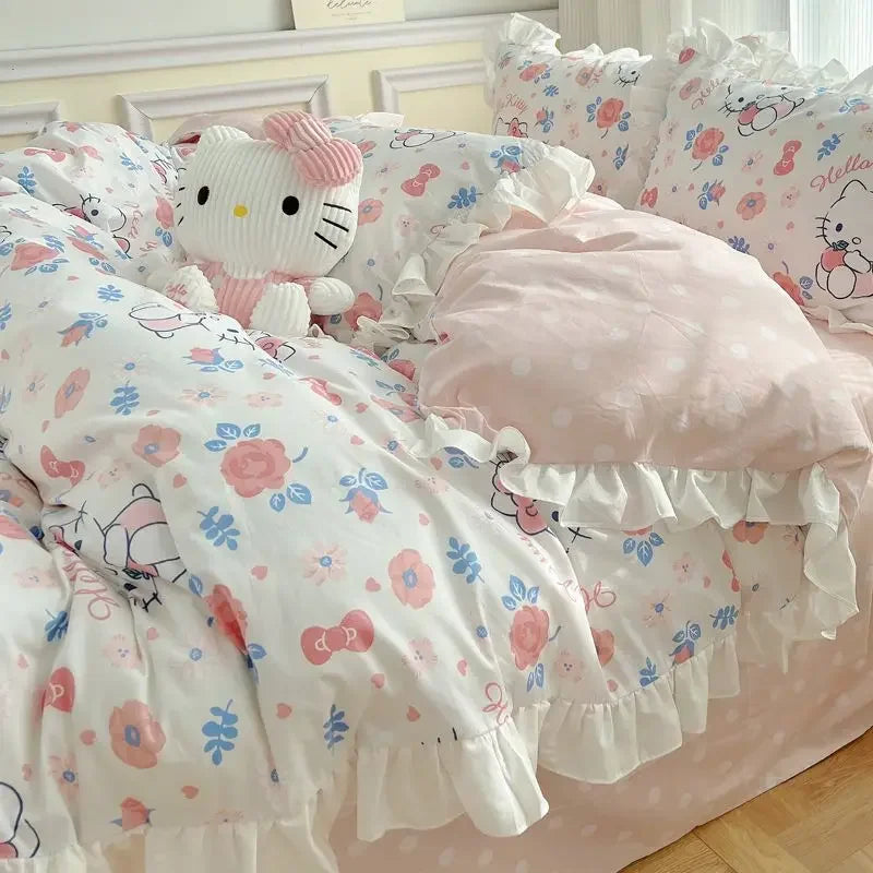 Hello Kitty Cinnamoroll My melody Kuromi new cute cartoon active printing pure cotton edge quilt cover bed sheet three-piece set