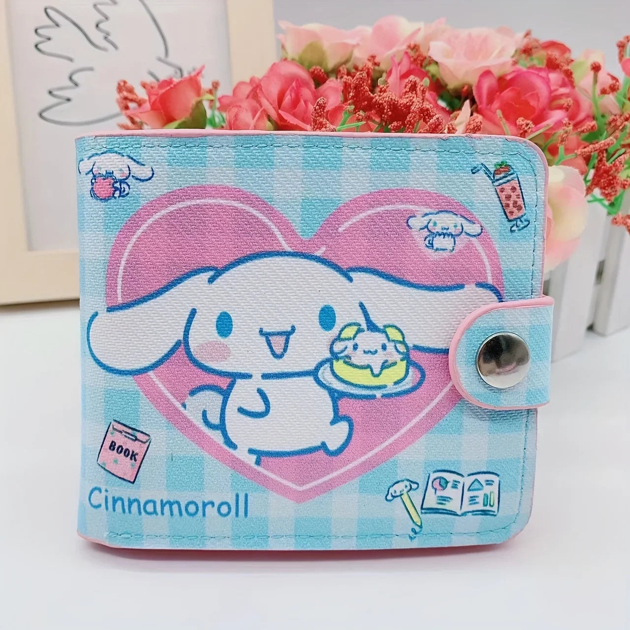 Kawaii Hello Kitty Cinnamoroll PU Casual Short 2 Fold Cartoon Purse Card Holder Wallet Cute Kuromi Button Card Bag Wallet