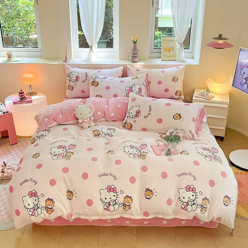 Winter Milk Velvet Bedding Set Hello Kitty Melody Kuromi Thickening Warm Flannel Queen Duvet Cover Bed Sheet Pillowcase