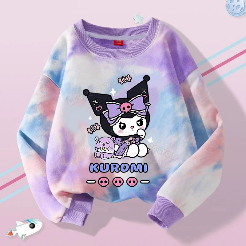 Hello Kitty Kuromi Cute Print Sweatshirts Girl Clothes Autumn Trend Tie Dyed Round Neck Pattern Children Pullover Long Sleeves