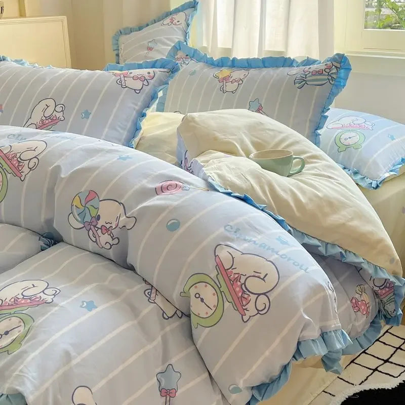 Hello Kitty Cinnamoroll My melody Kuromi new cute cartoon active printing pure cotton edge quilt cover bed sheet three-piece set