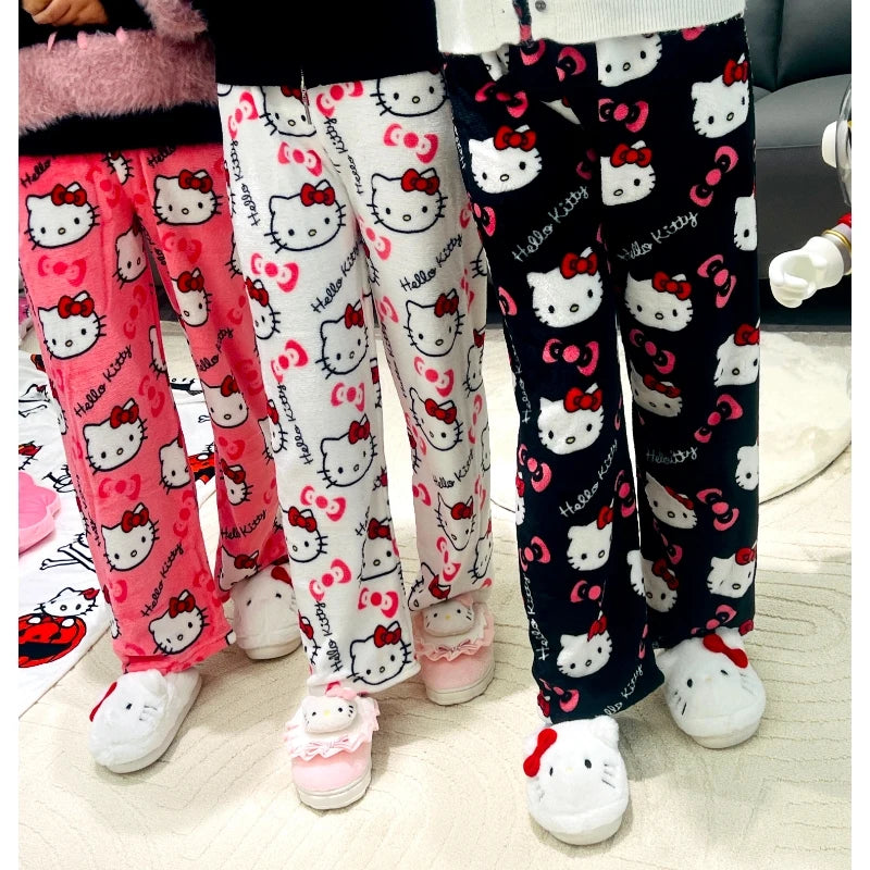 Sanrio Hello Kitty Pajamas Pants Black Pink Anime Flannel Women Warm Woolen White Cartoon Casual Home Pant Autumn Grils Trousers