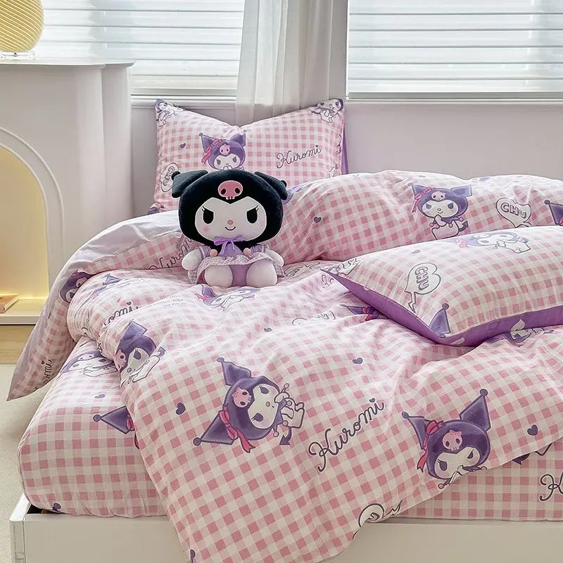 Kuromi Cinnamoroll My melody Hello Kitty Fashion Simple Cartoon Print Pure Cotton Bed Sheets and Quilt Covers Three Piece Set