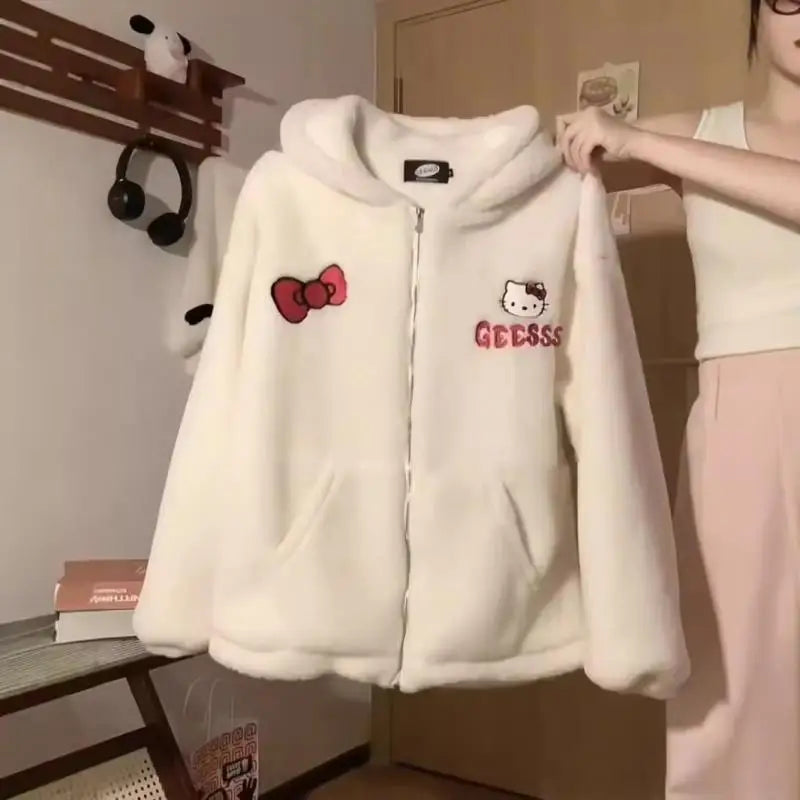 Hot Kawaii Hellokitty Hooded Sweatshirt Girls Autumn Winter Cute Loose Cardigan Thickened Couple Casual Versatile Jacket