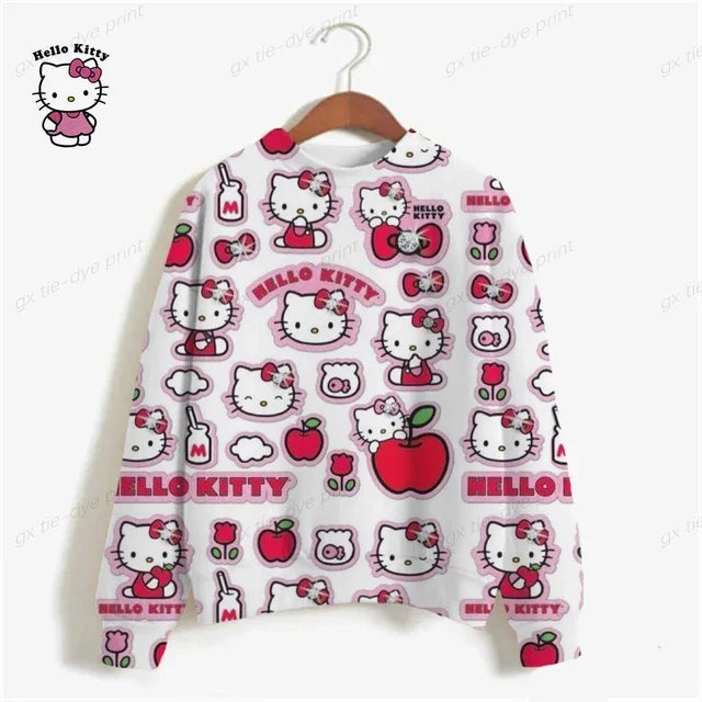 Korean Fashion Hoodies for Women Thin Chic Hooded HELLO KITTY Print Sweatshirt Female autumn Loose Cartoon Print Top y2k