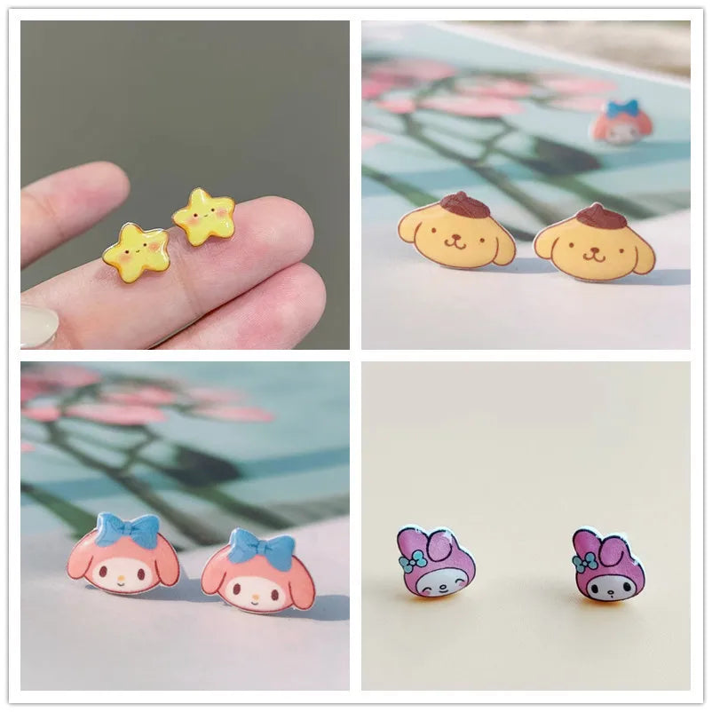 925 Stud Earrings Cinnamoroll Ear Stud Hello Kitty Kuromi Melody Beauty Trendy Fashion Jewelry Earrings Girls Gift